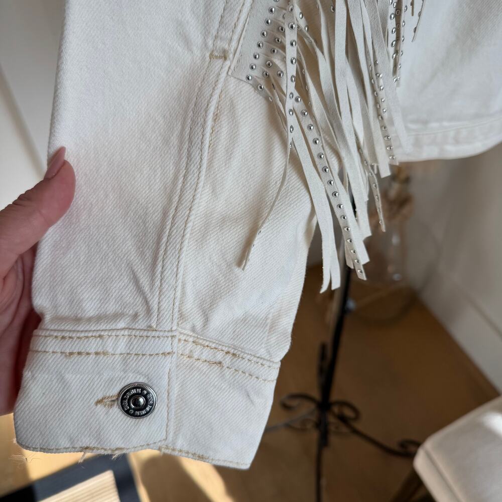 ZARA Cream White Western Fringe Studded Denim Jacket NWT Size Small - Picture 10 of 14